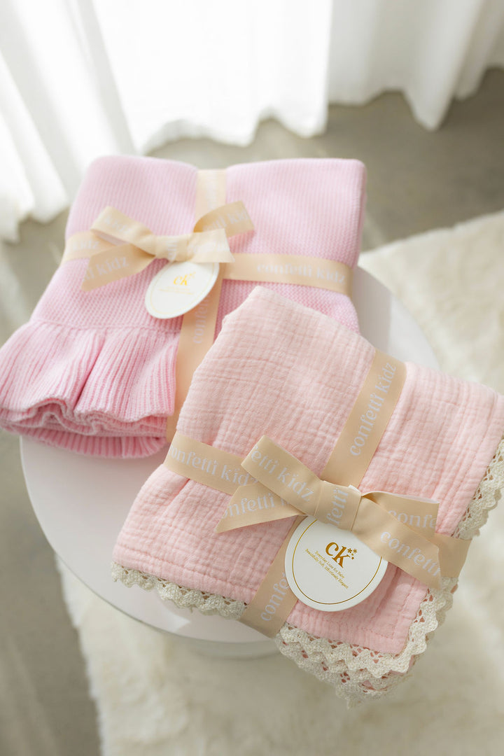 Frilly Knit Blanket | Soft Pink