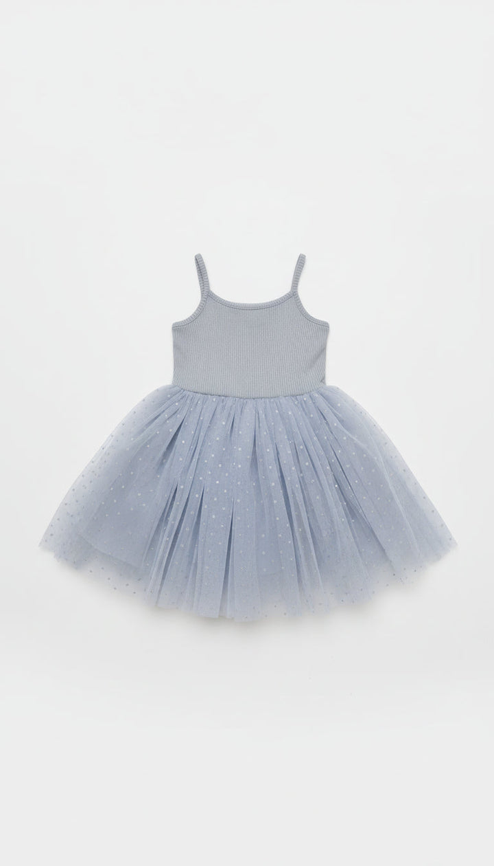 Ribbed Tulle Dress - Dusty Blue Dots