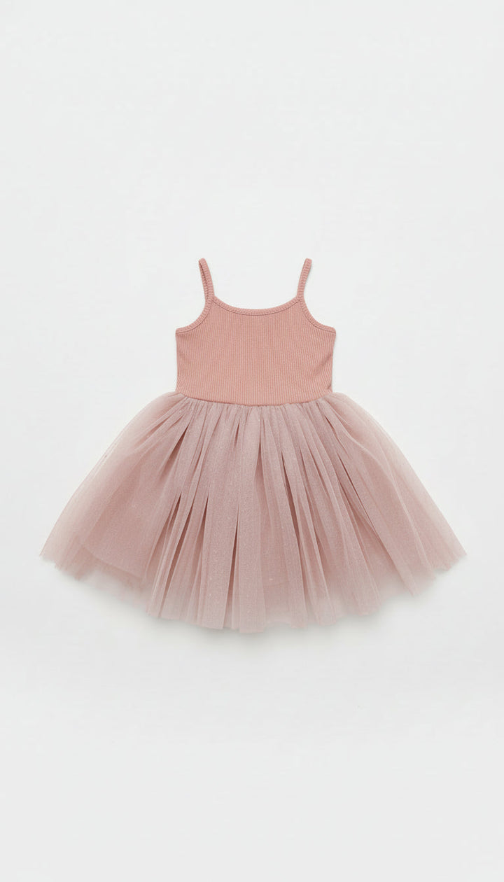 Ribbed Tulle Dress - Dusty Pink