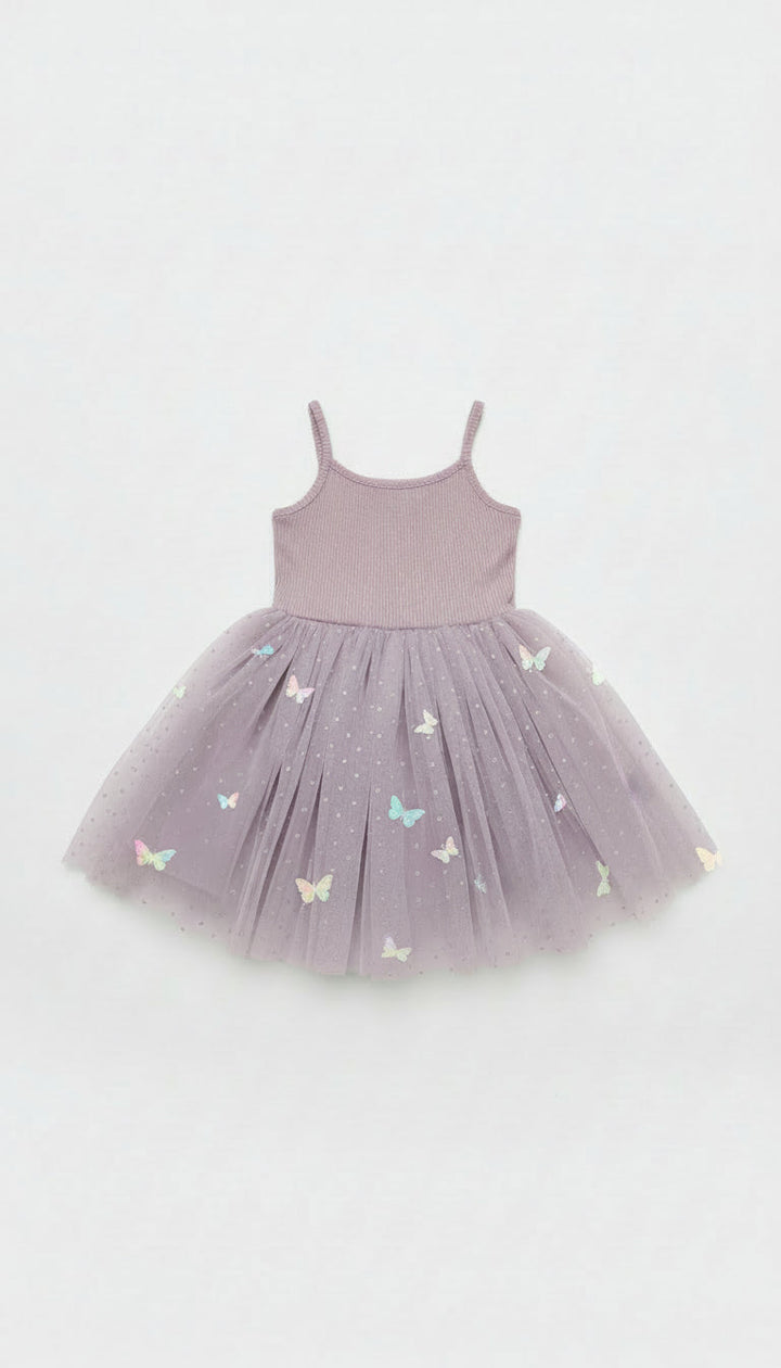 Ribbed Tulle Dress - Mauve Butterflies