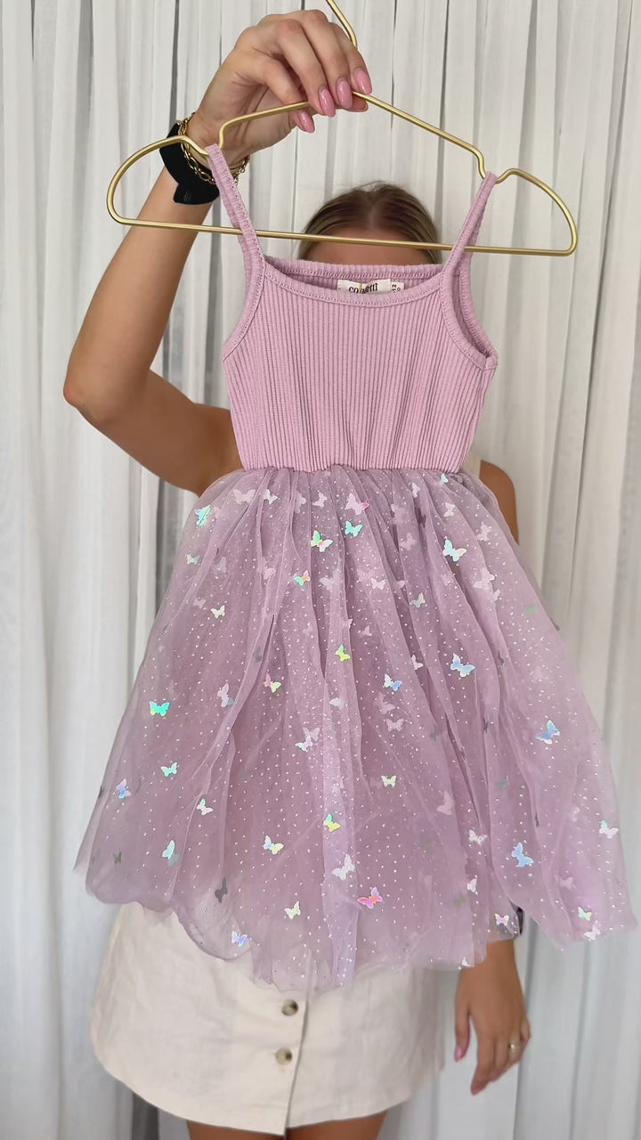 Ribbed Tulle Dress - Mauve Butterflies